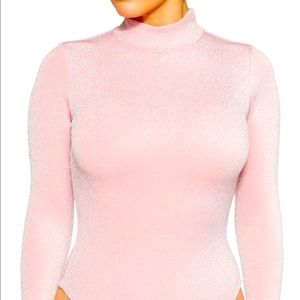 Naked Wardrobe Turtleneck Bodysuit; pink sparkle; sz M